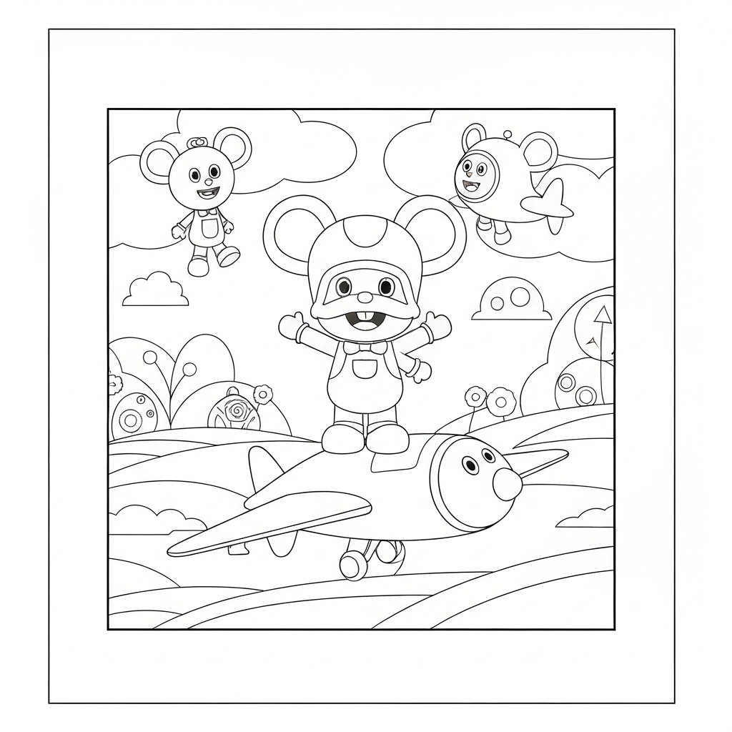 pagina da colorare famiglia abc mouse pocoyo aereo