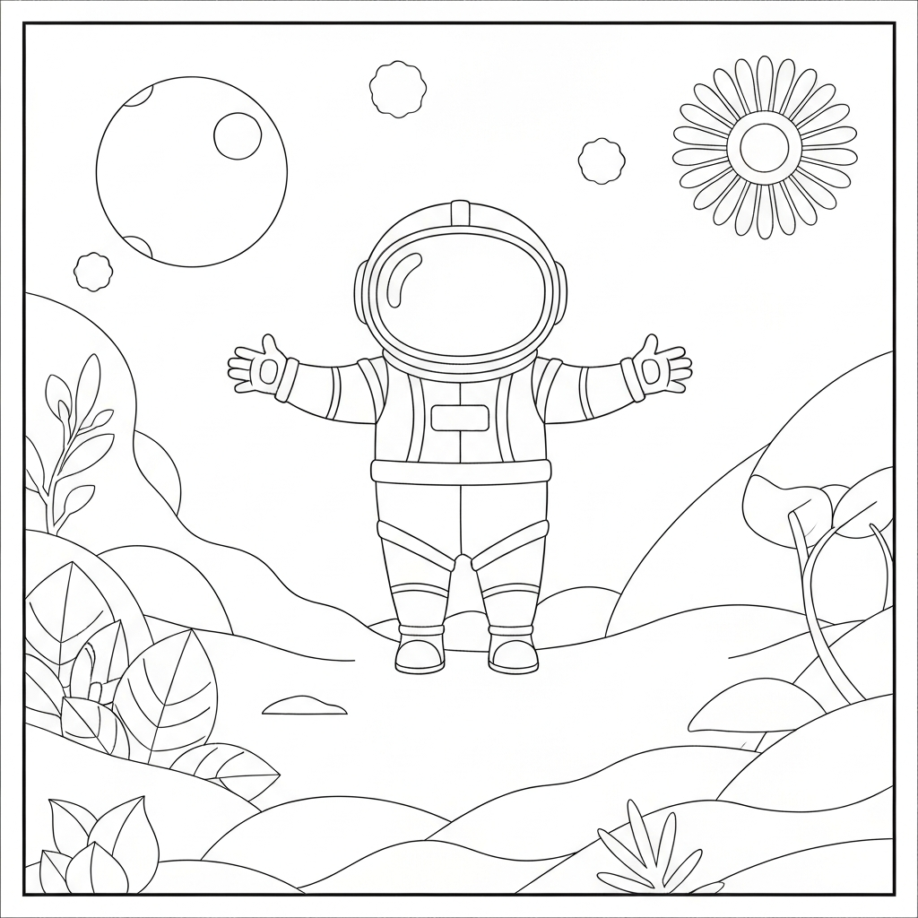 pagina da colorare fiori astronauta