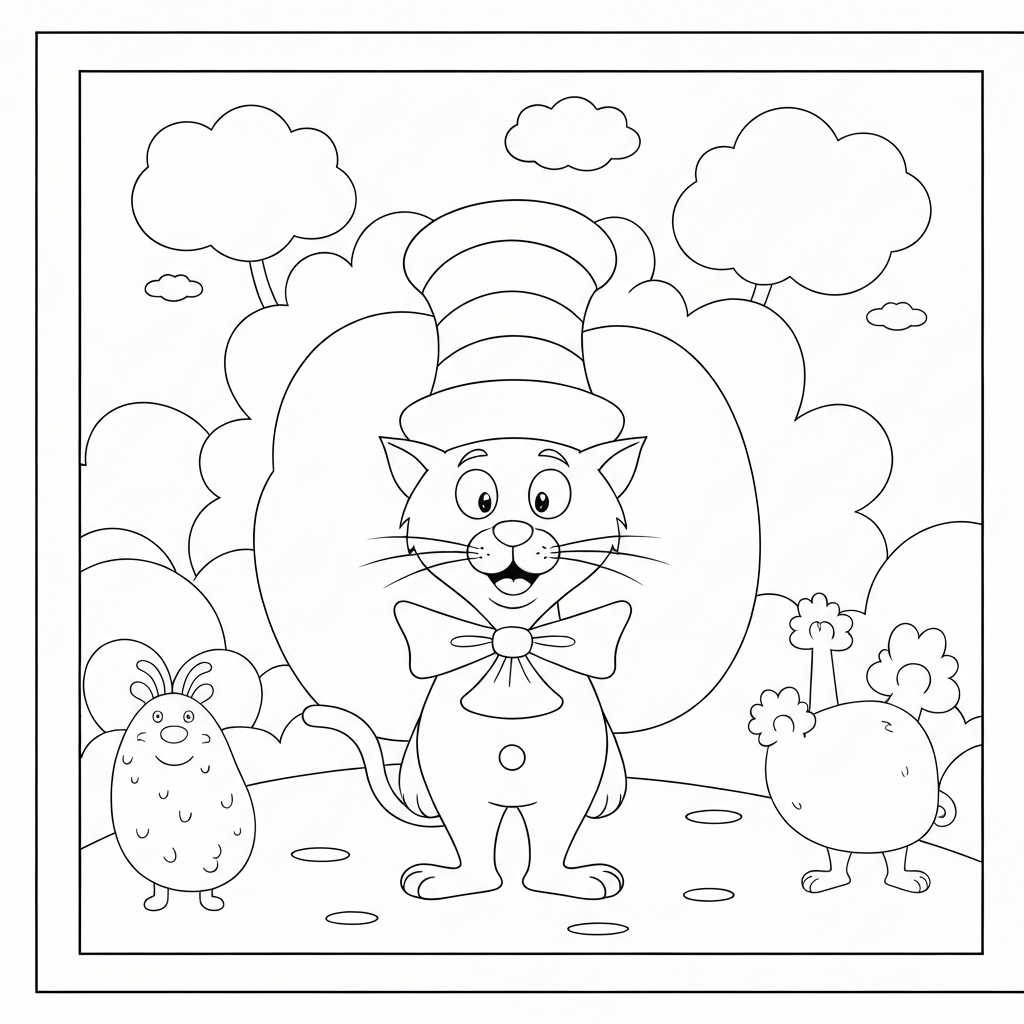 cat in the hat detailed coloring page