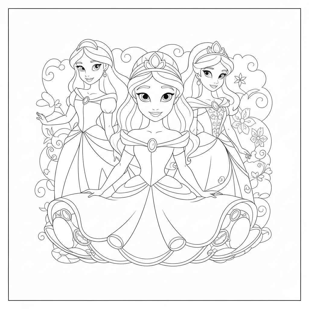 disney princesses cartoon coloring page