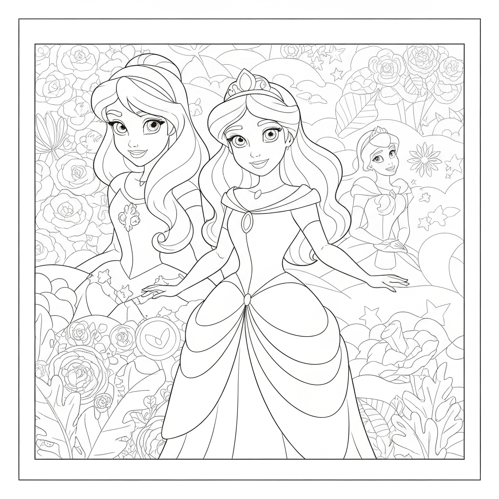 disney princesses detailed coloring page