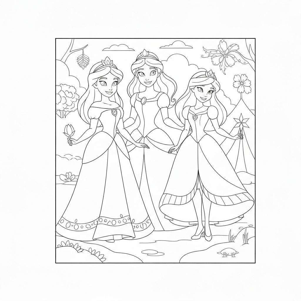 disney princesses family coloring page