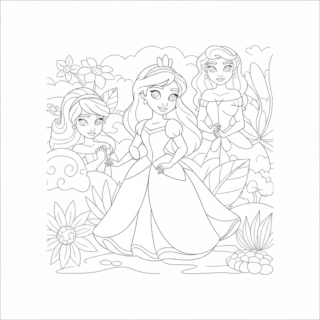 disney princesses flowers coloring page