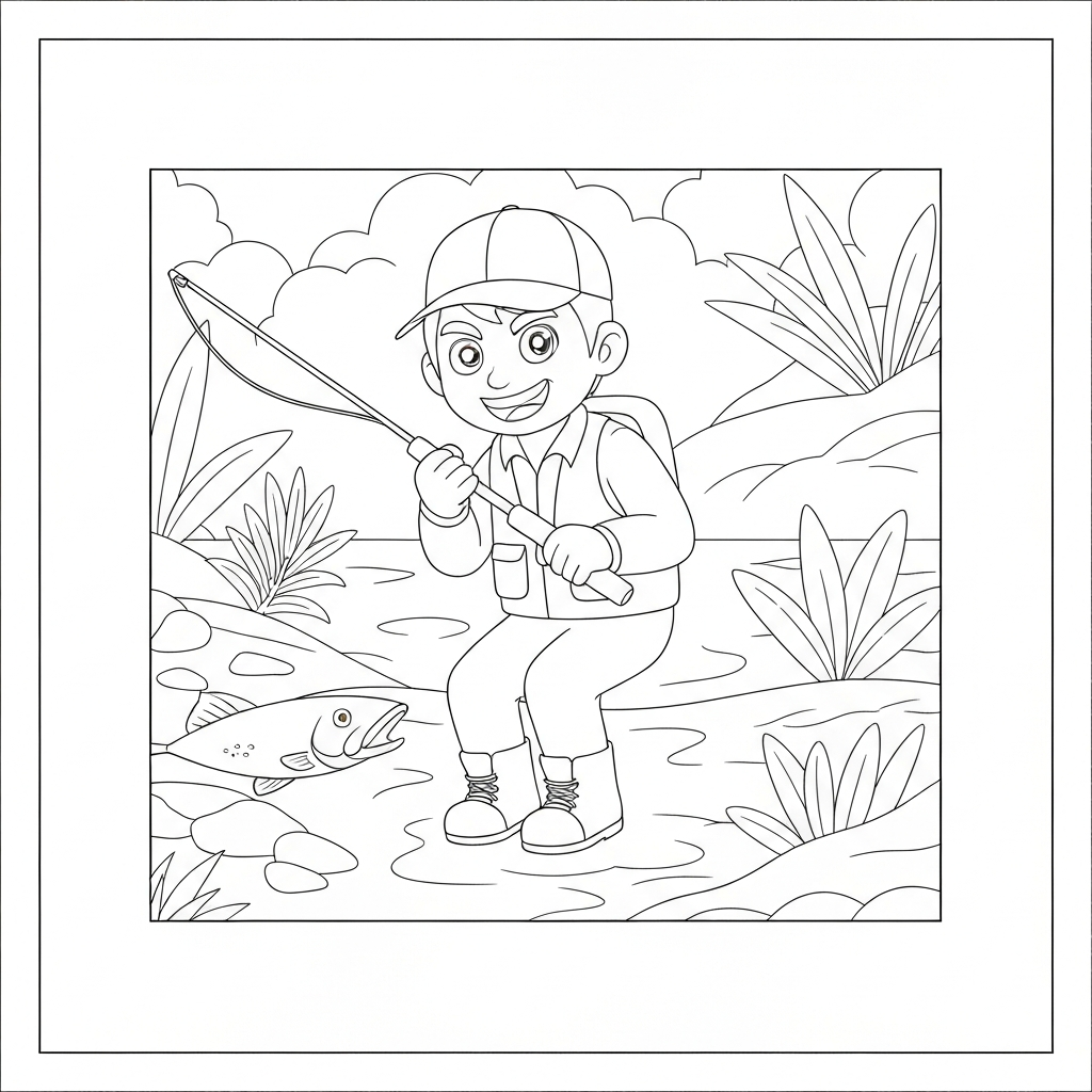 fishing action coloring page