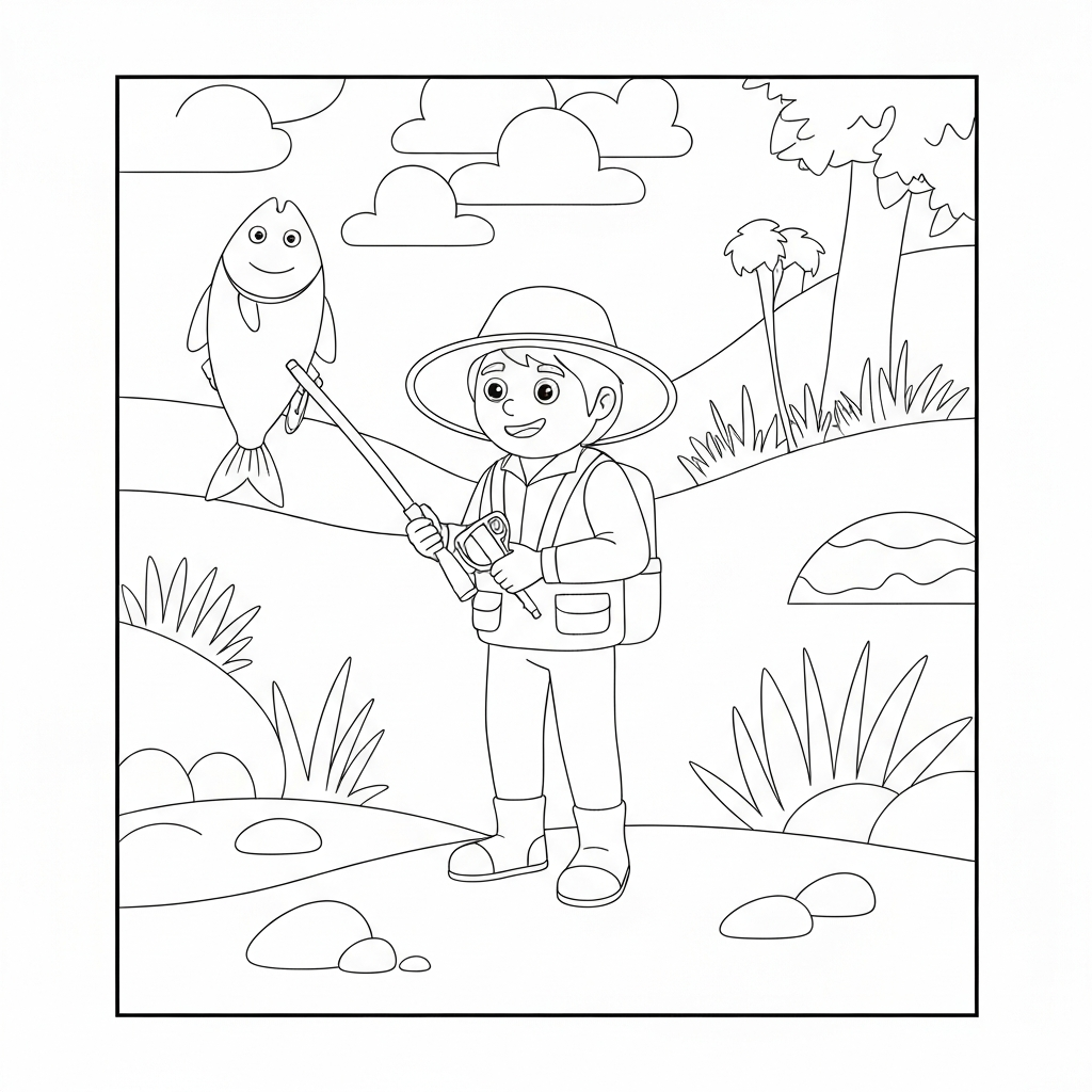 fishing cartoon coloring page