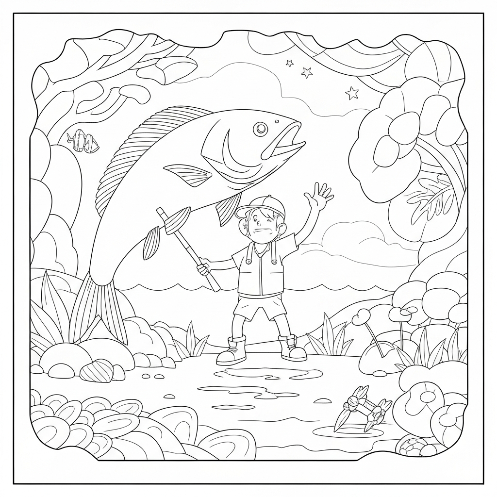 fishing detailed coloring page