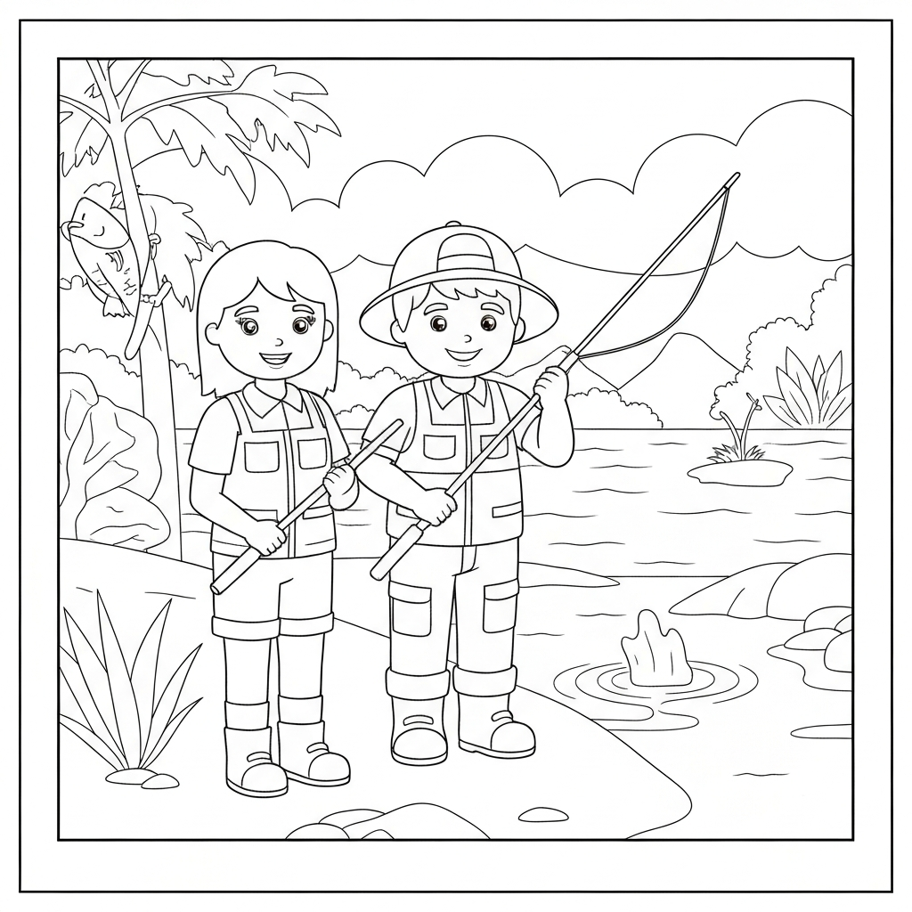 fishing family coloring page