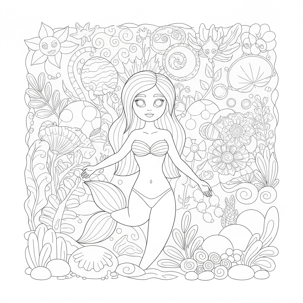 mermaid  print flowers coloring page