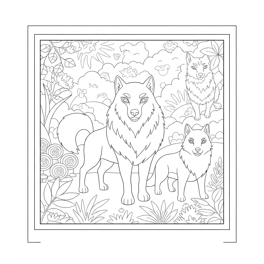 of wolves flowers coloring page
