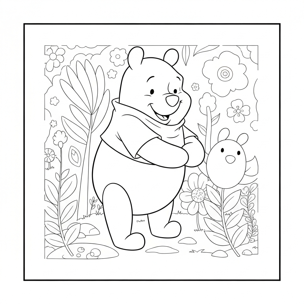 winnie the pooh karakterleri çiçekli boyama sayfası