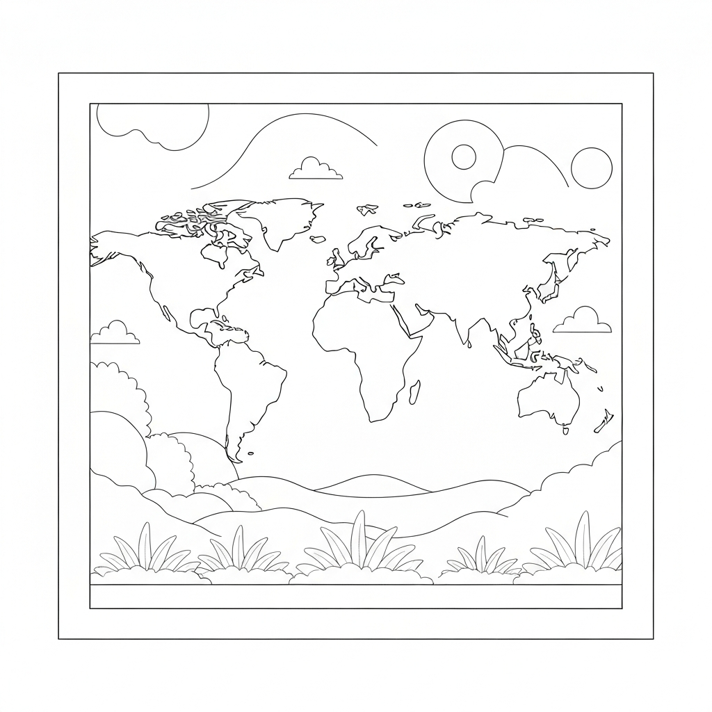 pagina da colorare mappa del mondo semplice