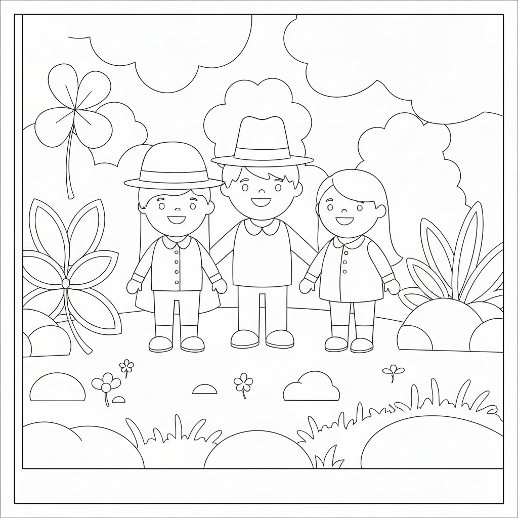 Página para colorir de família de trevo de 4 folhas