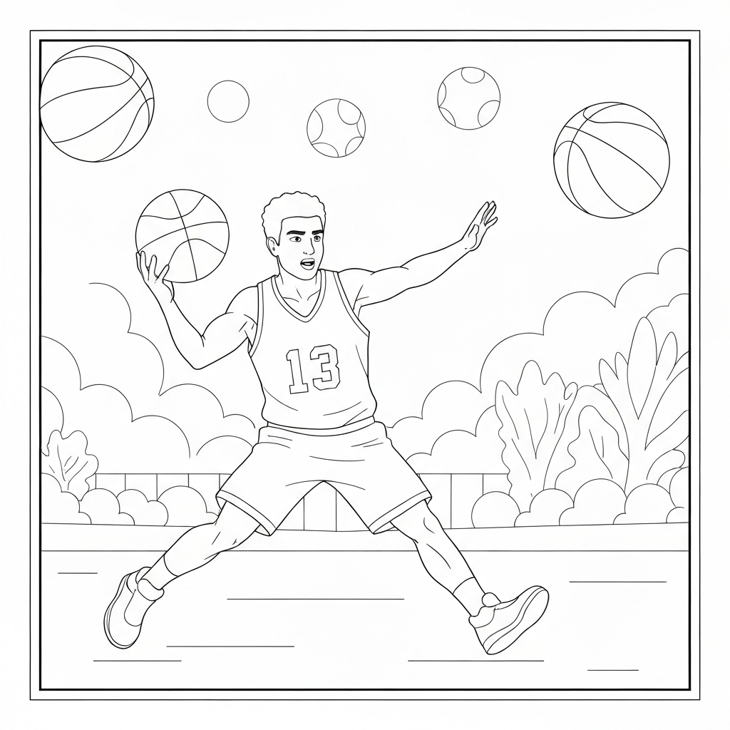 página para colorir de ação de jogadores de basquete