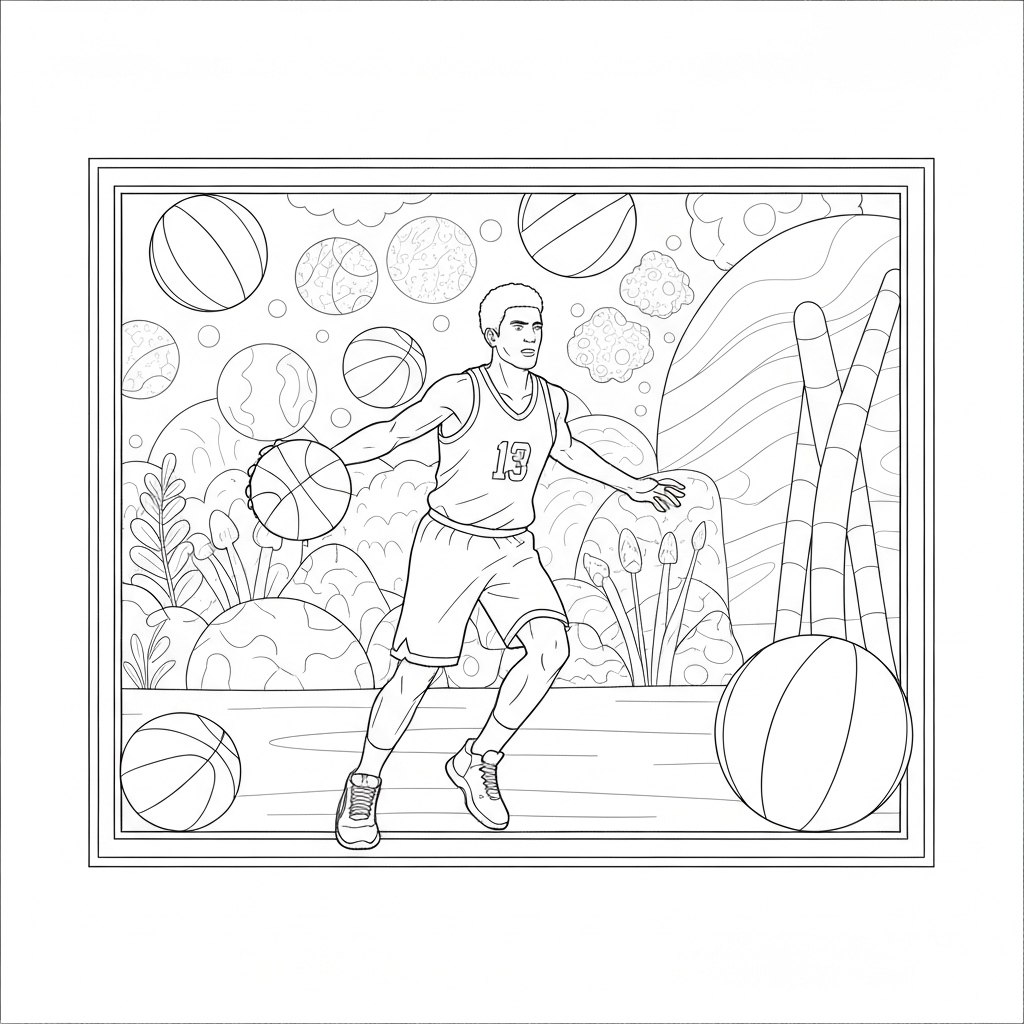 página para colorir decorativa de jogadores de basquete