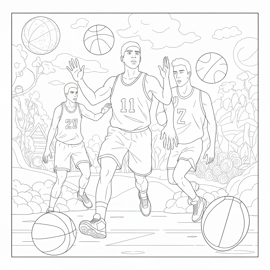 página para colorir detalhada de jogadores de basquete