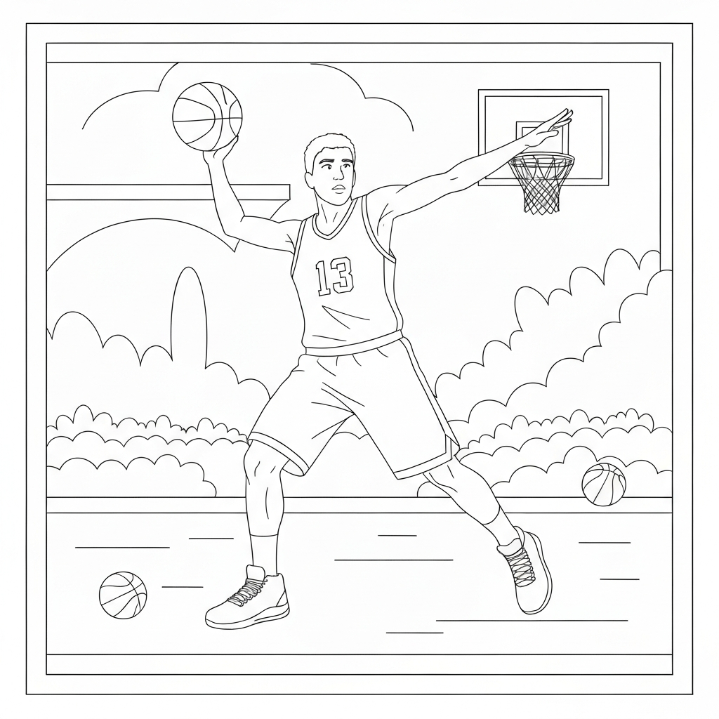 página para colorir fácil de jogadores de basquete