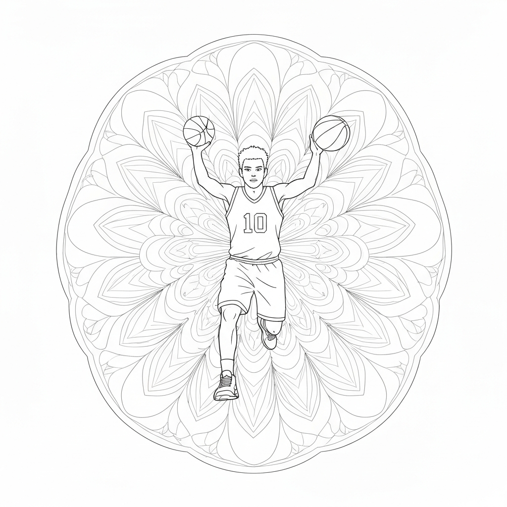 página para colorir de mandala de jogadores de basquete