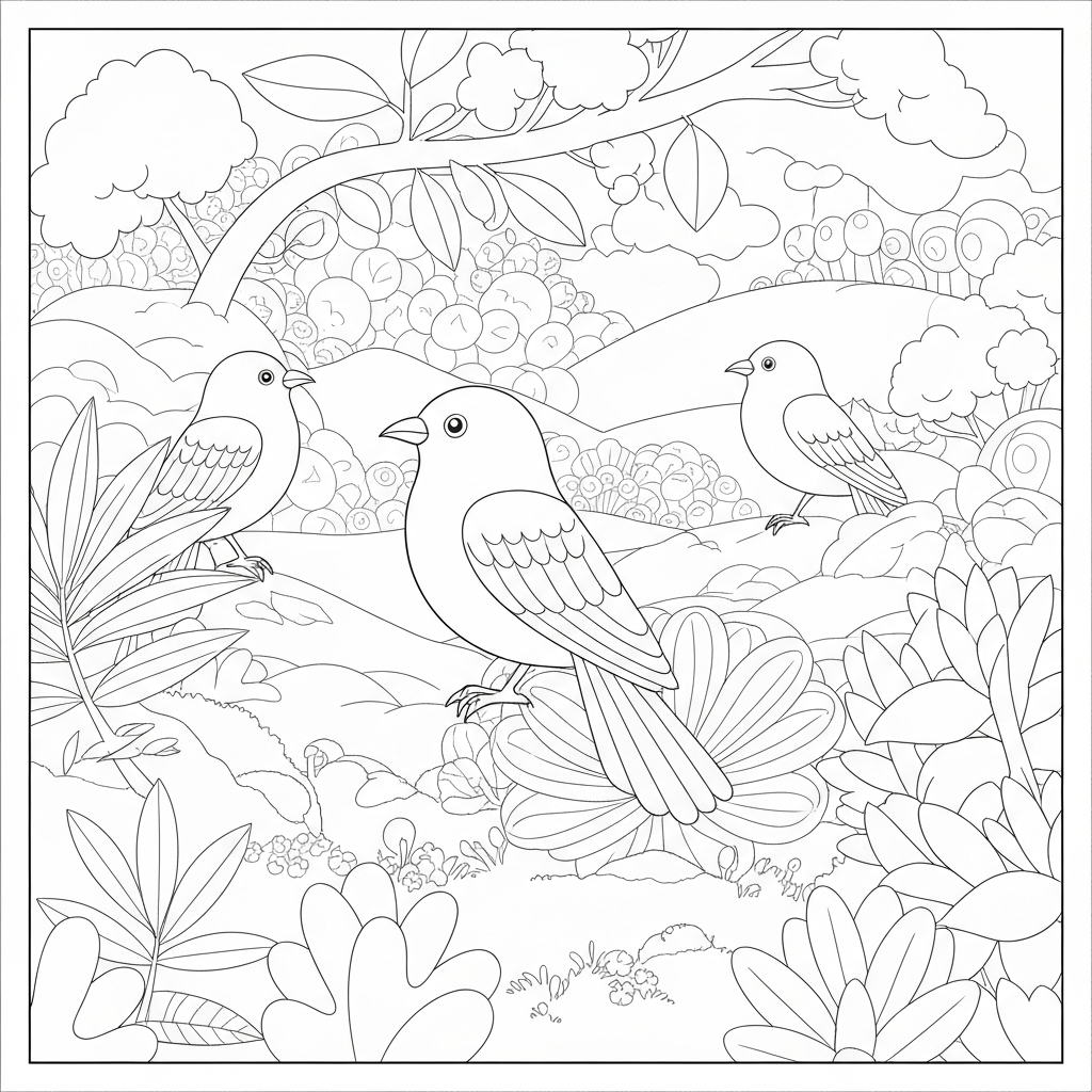página de livro de colorir de pássaros com flores página de colorir