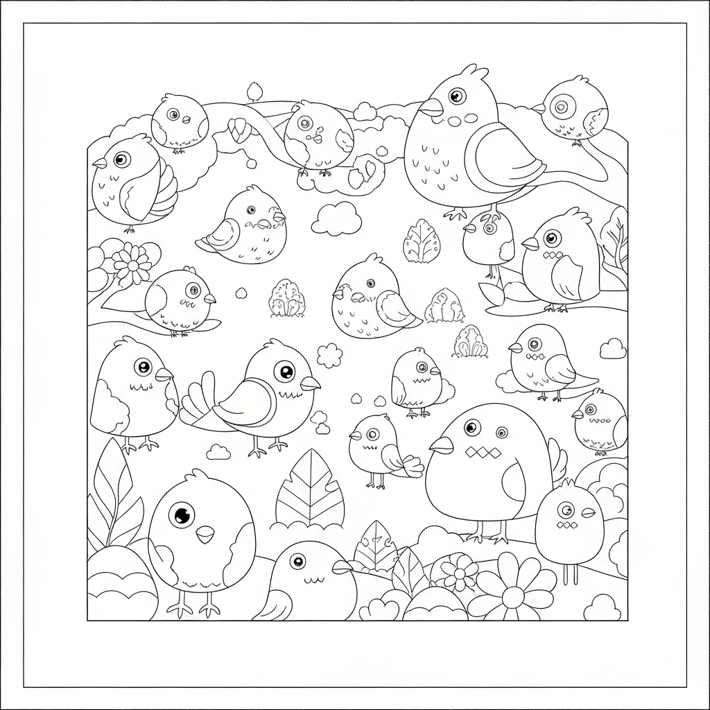 página de livro de colorir de pássaros com padrão página de colorir