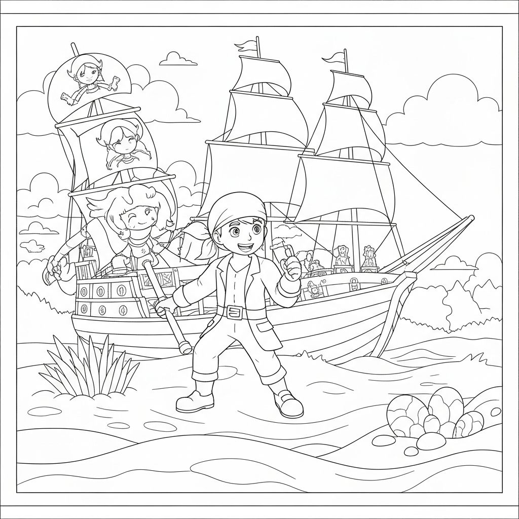 pirate ship action coloring page