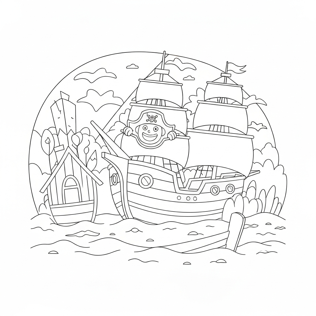 pirate ship cute coloring page